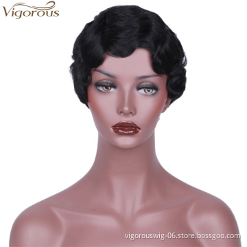 Vigorous Short Finger Wave Curly Wigs for Black Women African American Synthetic Retro Hair Wig Heat Resistant Fiber